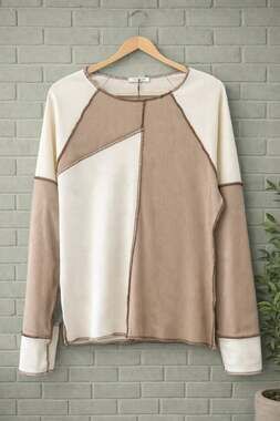 Double Take Color Block Exposed Seam Ribbed Knit Top